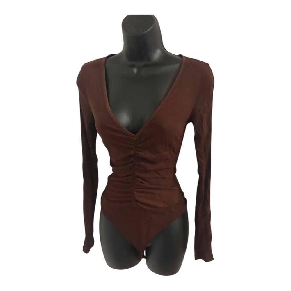 Free people intimately free brown mesh cutout sleeve bodysuit size XS brand new